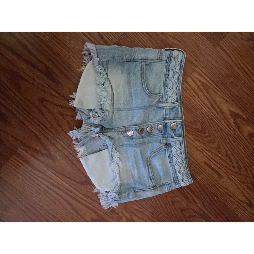 American Eagle Hi-Rise Shortie Light Wash Braided Waist‎ Denim Shorts Size 2